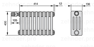 Схема (чертеж) Радиатор Zehnder Charleston 4040/9 №V011 Белый глянцевый RAL 9016